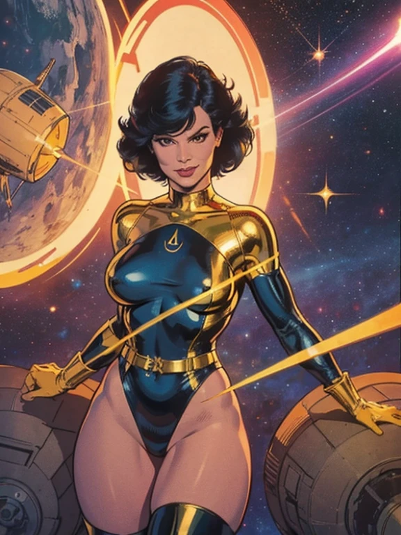 Best Quality acrylic paint art, Beautiful Vintage Space Woman, straight black Hair, bangs, Looking at Viewer, SHY SMILE,  Ultra shiny perspex cramped leotard, adjusting high-tech gloves, tech belt, thighs and knee, spaceship battle scenery, golden lights