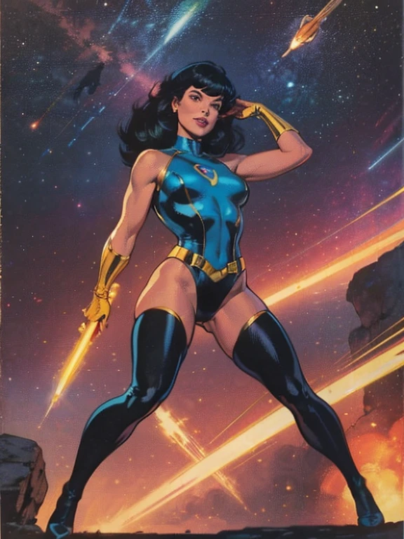 Best Quality acrylic paint art, Beautiful Vintage Space Woman, straight black Hair, bangs, Looking at Viewer, SHY SMILE,  Ultra shiny perspex cramped leotard, adjusting high-tech gloves, tech belt, thighs and knee, spaceship battle scenery, golden lights