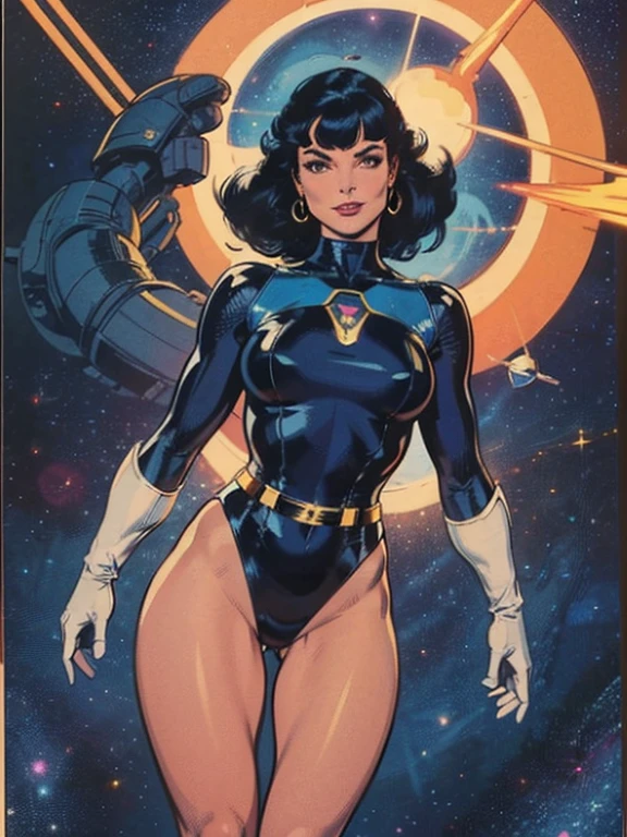 Best Quality acrylic paint art, Beautiful Vintage Space Woman, straight black Hair, bangs, Looking at Viewer, SHY SMILE,  Ultra shiny perspex cramped leotard, adjusting high-tech gloves, tech belt, thighs and knee, spaceship battle scenery, golden lights