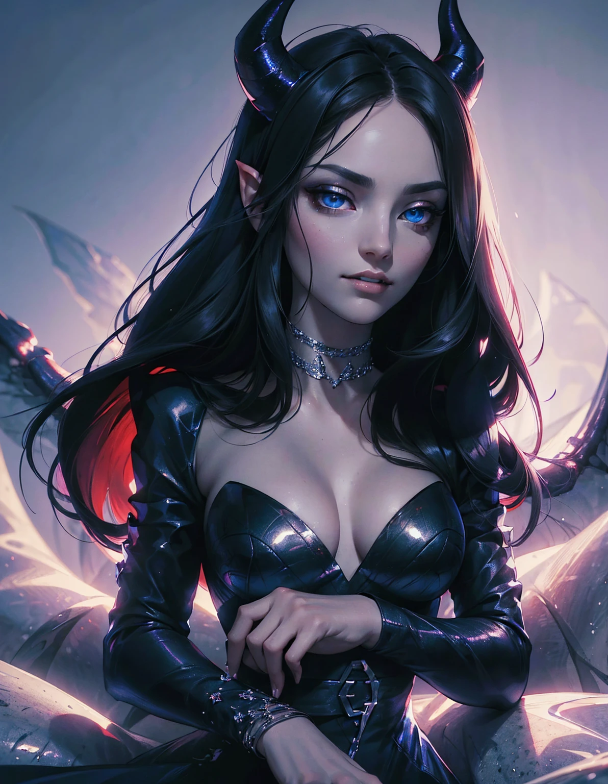 (Best quality,4K,A high resolution,masterpiece:1.2),ultra detailed,realistic,portrait,Beautiful girl,Demon Form,mesmerizing eyes,long black hair,fine features,elegant pose,flowy dress,unearthly beauty,dark aura,Thin horns,sharp fangs,mysterious atmosphere,soft lighting,bright colors
