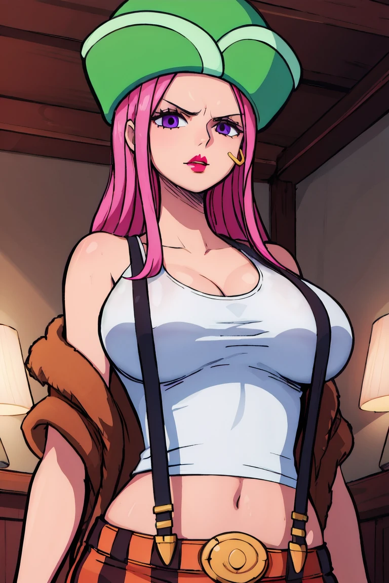 HDR, CG, sharp focus,(8k), (4k), (Masterpiece), (Best Quality), fantasy, extremely detailed, intricate, hyper detailed, (perfect face), illustration,soft lighting, highres, absurdres,best quality, jewelry bonney, lipstick, purple eyes, pink hair, long hair, green hat, white tank top, suspenders, brown jacket, striped shorts, straight hair, indoors, room, navel, big breasts, upper body
