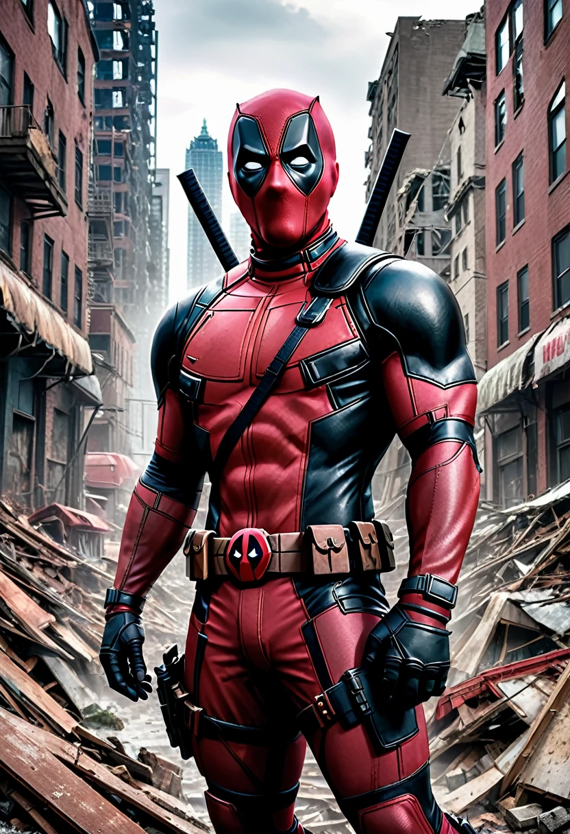A photo realistic image of a hybrid genetically altered being that is 35% Deadpool, 65% juggernaut in appearance, 16K, epic detail, epic composition, ruined city of cyttorak setting