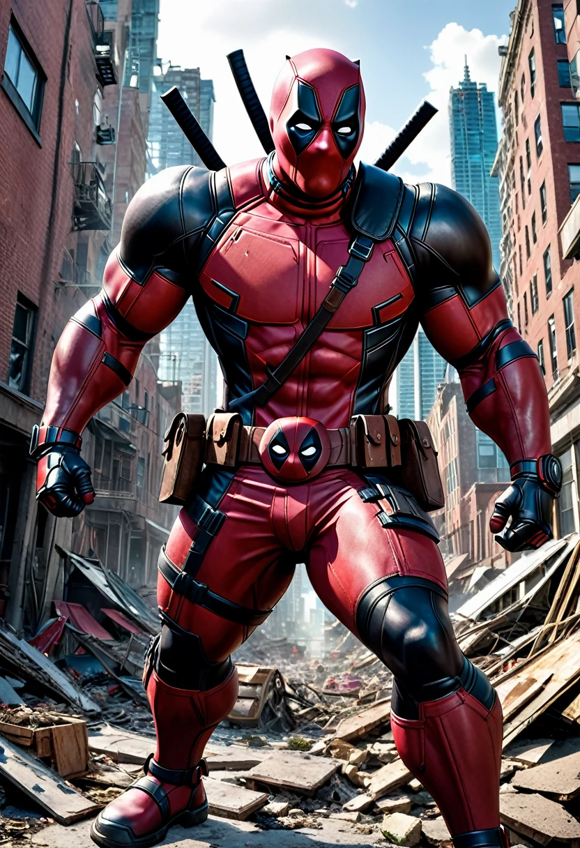 A photo realistic image of a hybrid genetically altered being that is 35% Deadpool, 65% juggernaut in appearance, 16K, epic detail, epic composition, ruined city of cyttorak setting