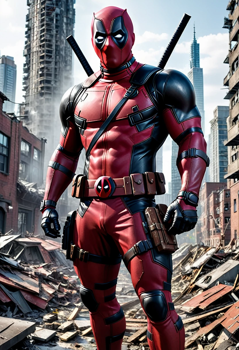 A photo realistic image of a hybrid genetically altered being that is 35% Deadpool, 65% juggernaut in appearance, 16K, epic detail, epic composition, ruined city of cyttorak setting