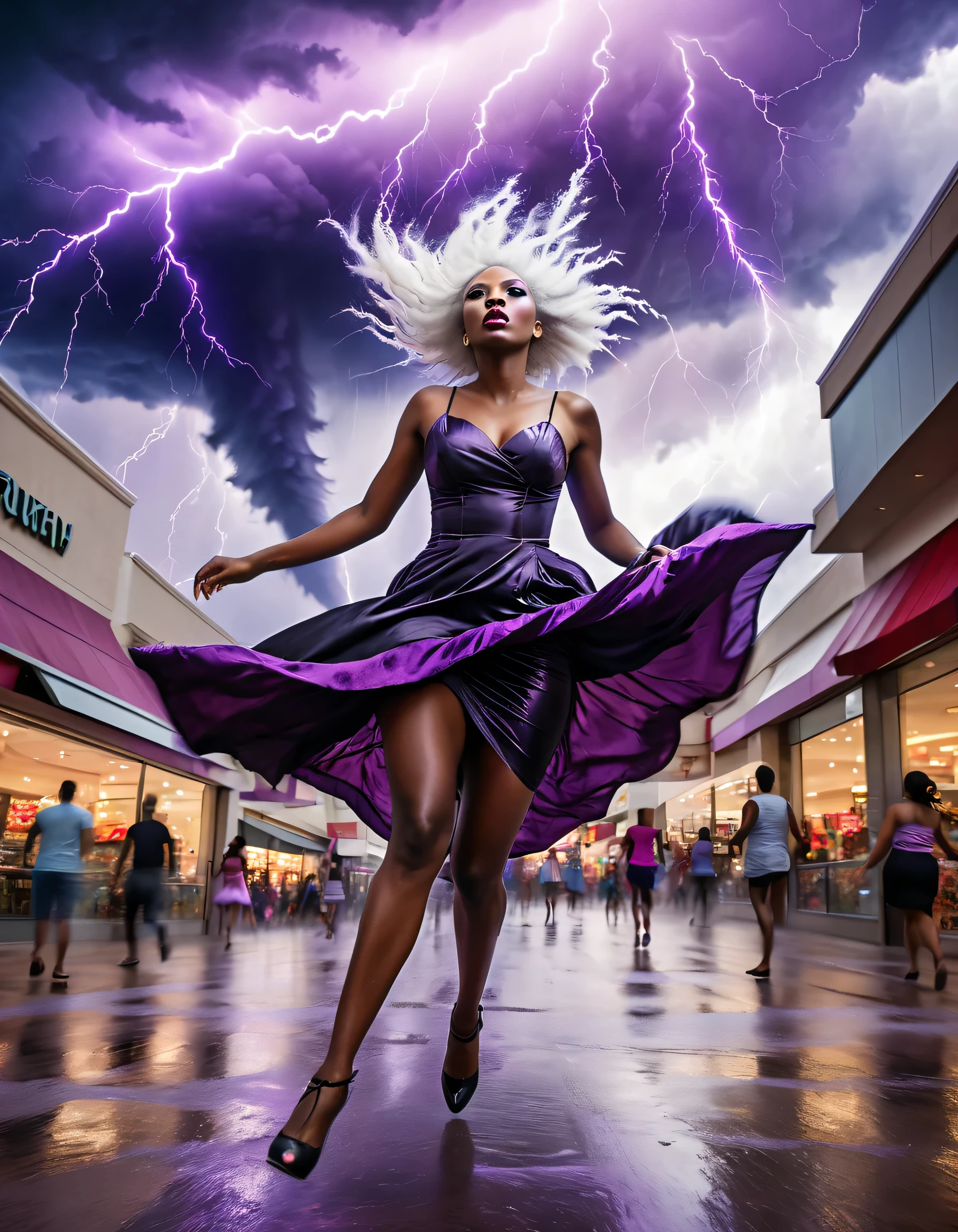 a tornado touching down in a shopping center, people running, lightning coming out of a 30 year old gothic black woman floating in a busy city, wearing a gothic dress, red eyes, white hair, purple aura, atmospheric lightning, dramatic purple lightning, wind, head tilt, expressive hair, thin legs, people fleeing from the busy streets, dark clouds, numerous purple lightning bolts shooting from her hands
