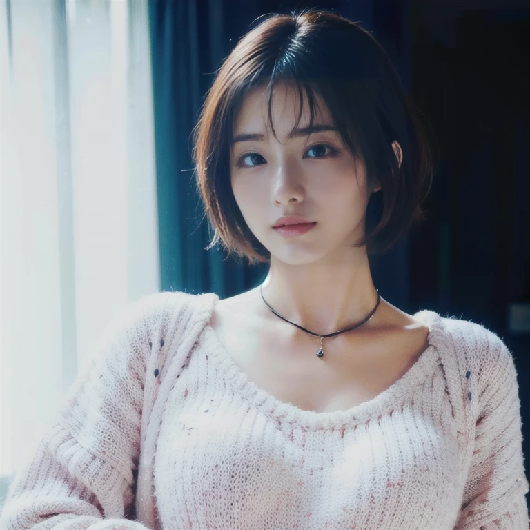 (Highest quality、8K、32k、masterpiece、Ultra-high resolution:1.2)、Cute Japanese Women Photos、Big ample breasts、Short Bob Hair、Upper body、Face Focus、(Extra Large_sweater、:1.1)necklace、Simple Background、Looking at the audience、Leaning forward、