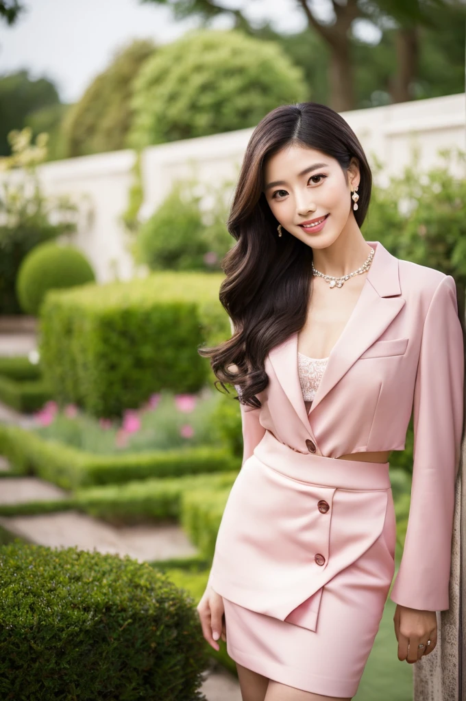 Wedding venue garden,President of import goods sales company,((full body)),((photo)),((best qualtiy, 8K, tmasterpiece:1.3)), Focus:1.2, perfect figure beautiful woman:1.4,1woman,cowboy shot,look at viewer,incredibly absurd, beautiful and cute woman with a photorealistic face, showcasing top-quality craftsmanship, A Japanese woman attending her sister's wedding at a wedding venue, 35 years old, long hair, straight black hair, shiny, silky hair that curls inwards, narrow double eyelids, long eyelashes, pronounced eyebrows, high nose, thin lips, white teeth, bright smile, smooth, honey-colored skin, thin neck, tall, glamorous, slender, F-cup breasts, pale pink suit, knee-length pencil skirt, high heels, diamond earrings and necklace, luxury brand watch, clutch bag, cigar, beautiful, lady-like, pretty older sister, celebrity-like, adult woman, intelligent, calm, kind, playful, sharp-tongued, soothing to those around, refined, elegant, June