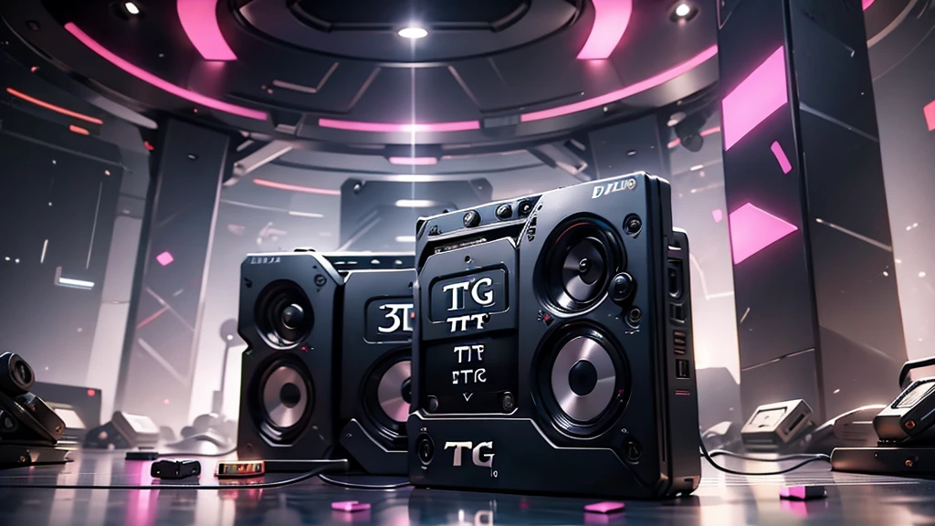 (DTG: 1.8), (DTG letters: 1.8), (Three letters: 1.8), DJ set, Music, cassette, CD Player, Futuristic device for music playing, Music reproducer, Lo-fi, writing, abstract, colorful, high resolution, high quality, neon colors, dark grey background, black grey grdient