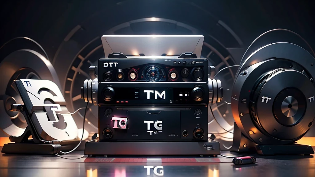 (DTG: 1.8), (DTG letters: 1.8), (Three letters: 1.8), DJ set, Music, cassette, CD Player, Futuristic device for music playing, Music reproducer, Lo-fi, writing, abstract, colorful, high resolution, high quality, neon colors, dark grey background, black grey grdient