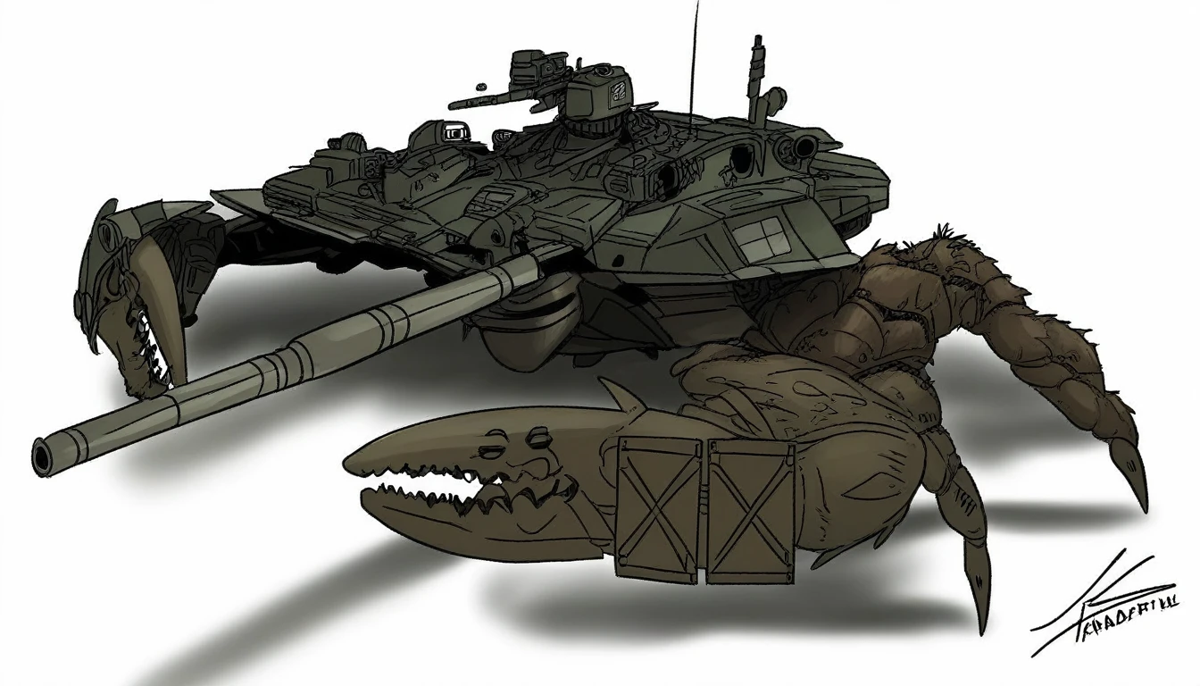 there is a drawing of a tank crab with a tank on it, tank with legs, futuristic battle tank, tank, massive tank, tanks, mechanized art concept, carapace, heavily armoured, anime art vehicle concept art, full of alien military equipment, tank has a large solid cannon, zoids art, tiger - crab creature,shingeki_no_kyojin_s4_style,