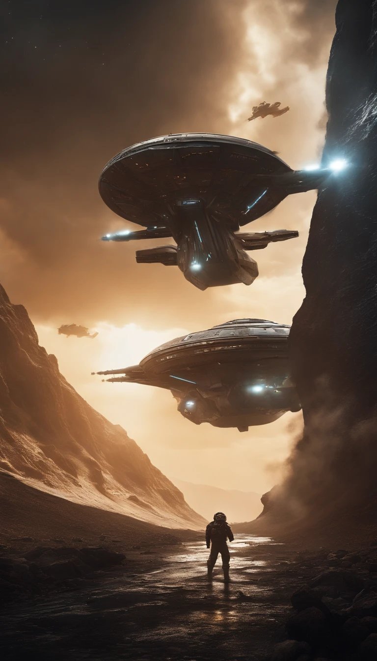 "Step into a world of science fiction and warfare with this incredible image prompt. Immerse yourself in a futuristic battle scene, where sleek spaceships engage in a high-speed chase amidst a breathtaking planetary backdrop. The detailed rendering and dynamic composition of this image will leave you in awe."