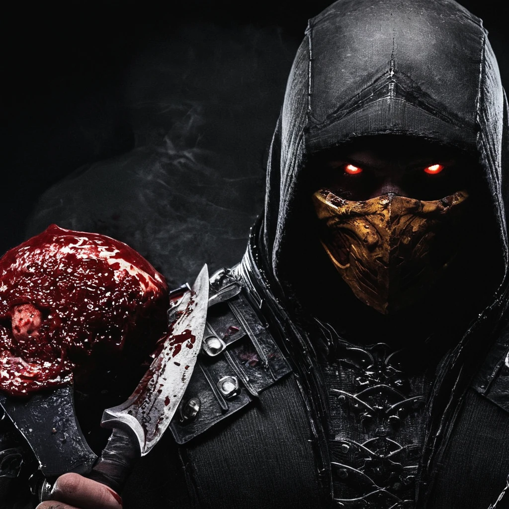 UHD, 4k, ultra detailed, cinematic, a photograph of  Mortal Kombat style, fictional universe consisting of numerous realms, a creepy hoodie man with a bloody face and a bloody hand and bloody teeth holding a bloody skull in the dark,solo,1boy,holding,weapon,male focus,sword,signature,holding weapon,armor,blood,holding sword,helmet,black background , Live-action, white sclera eyes, muscular, fitness, fighters, Action-adventure, brutal and gruesome, Mortal Kombat style, mk style, epic, beautiful lighting, inpsiring