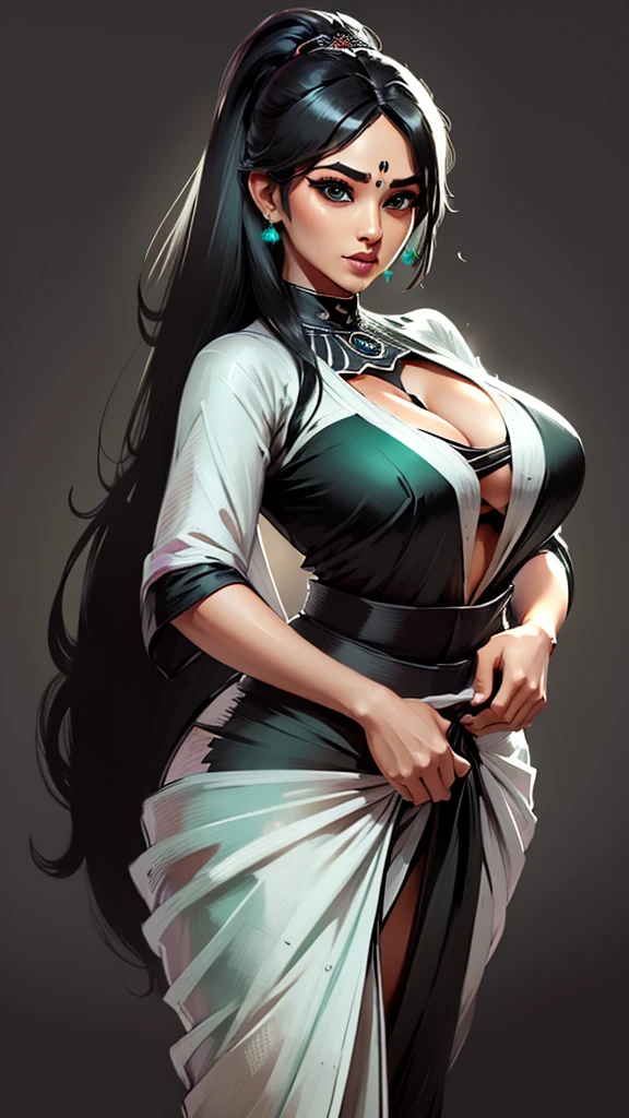 valorant, ((Sage)), game character, beautiful, ((black and white outfit)), (((saree))), big size breasts, cleavage, black long hair, ponni style hair,
