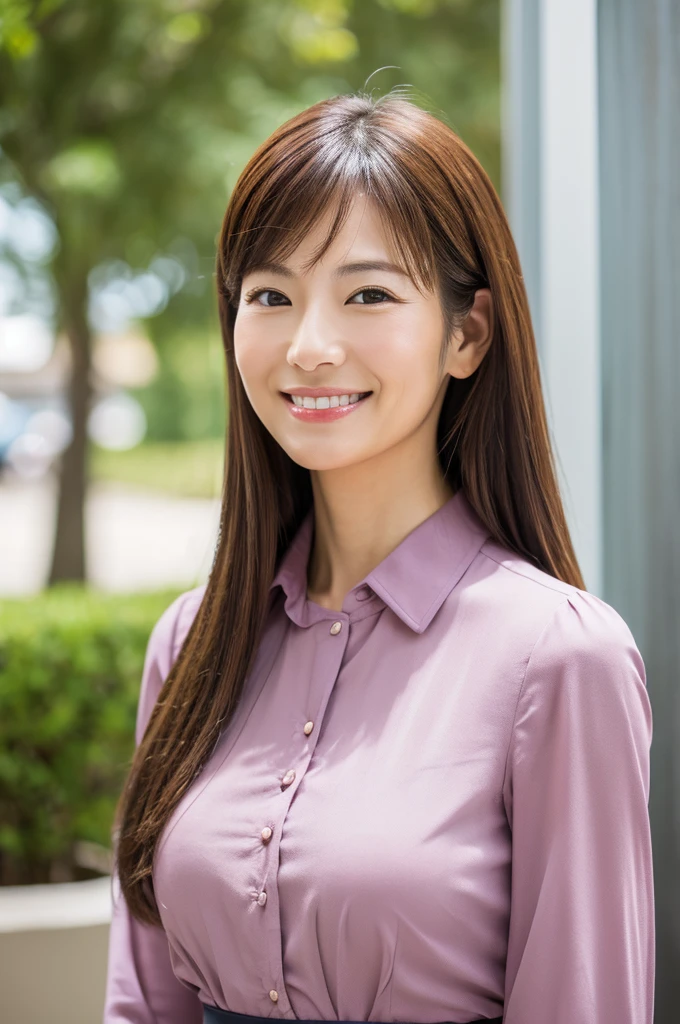 ((Highest quality)), ((masterpiece)), (detailed),Perfect Face,Japanese,Fair skin,Upper Body,Long Hair,Office Lady,Women's Ana Style,smile,blouse,Mature Woman