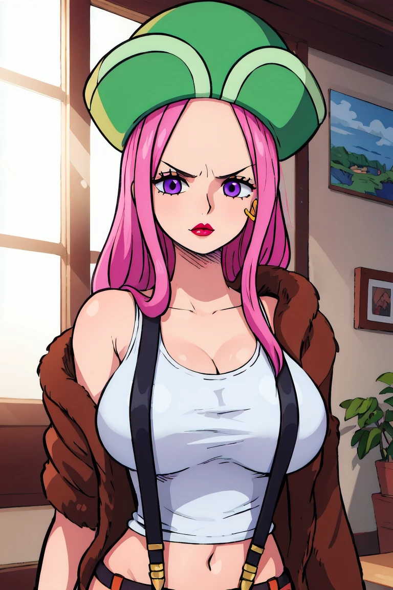 HDR, CG, sharp focus,(8k), (4k), (Masterpiece), (Best Quality), fantasy, extremely detailed, intricate, hyper detailed, (perfect face), illustration,soft lighting, highres, absurdres,best quality, jewelry bonney, lipstick, purple eyes, pink hair, long hair, green hat, white tank top, suspenders, brown jacket, striped shorts, straight hair, indoors, room, navel, big breasts, upper body
