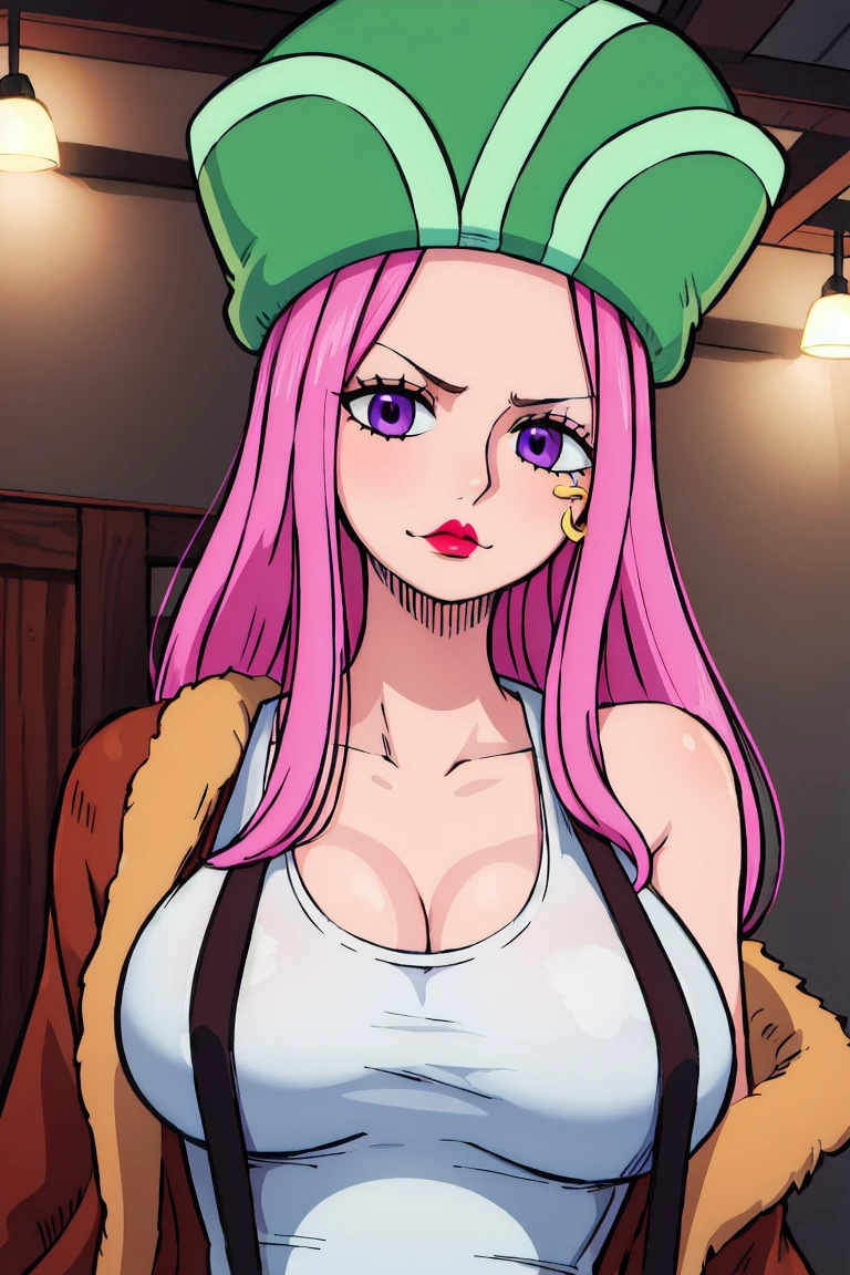 HDR, CG, sharp focus,(8k), (4k), (Masterpiece), (Best Quality), fantasy, extremely detailed, intricate, hyper detailed, (perfect face), illustration,soft lighting, highres, absurdres,best quality, jewelry bonney, lipstick, purple eyes, pink hair, long hair, green hat, white tank top, suspenders, brown jacket, striped shorts, straight hair, indoors, room, navel, big breasts, upper body
