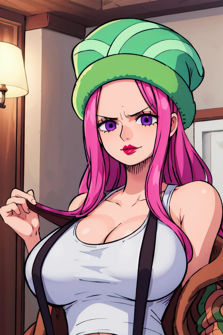 HDR, CG, sharp focus,(8k), (4k), (Masterpiece), (Best Quality), fantasy, extremely detailed, intricate, hyper detailed, (perfect face), illustration,soft lighting, highres, absurdres,best quality, jewelry bonney, lipstick, purple eyes, pink hair, long hair, green hat, white tank top, suspenders, brown jacket, striped shorts, straight hair, indoors, room, navel, big breasts, upper body