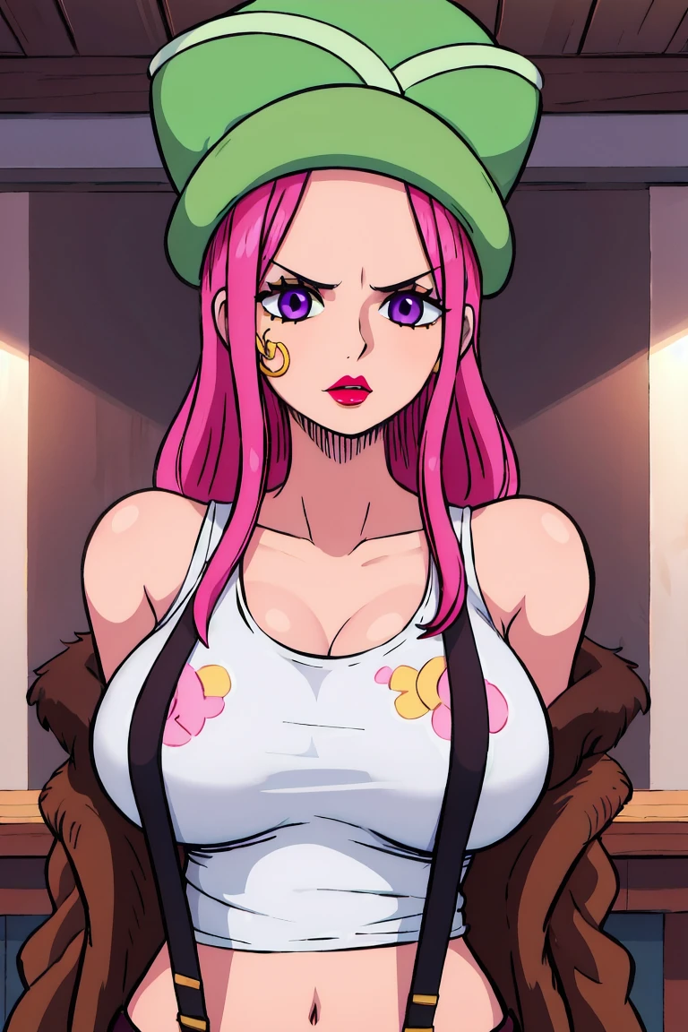 HDR, CG, sharp focus,(8k), (4k), (Masterpiece), (Best Quality), fantasy, extremely detailed, intricate, hyper detailed, (perfect face), illustration,soft lighting, highres, absurdres,best quality, jewelry bonney, lipstick, purple eyes, pink hair, long hair, green hat, white tank top, suspenders, brown jacket, striped shorts, straight hair, indoors, room, navel, big breasts, upper body
