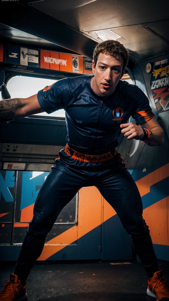 Mark Zuckerberg in boxing outfit punching worn-out passenger plane,cityscape at sunset background,graffiti-style font "Meta vs The World",dark blues and grays color palette with red and orange accents,realistic and comic book-inspired style,bold lines and dramatic shading,intense and humorous mood