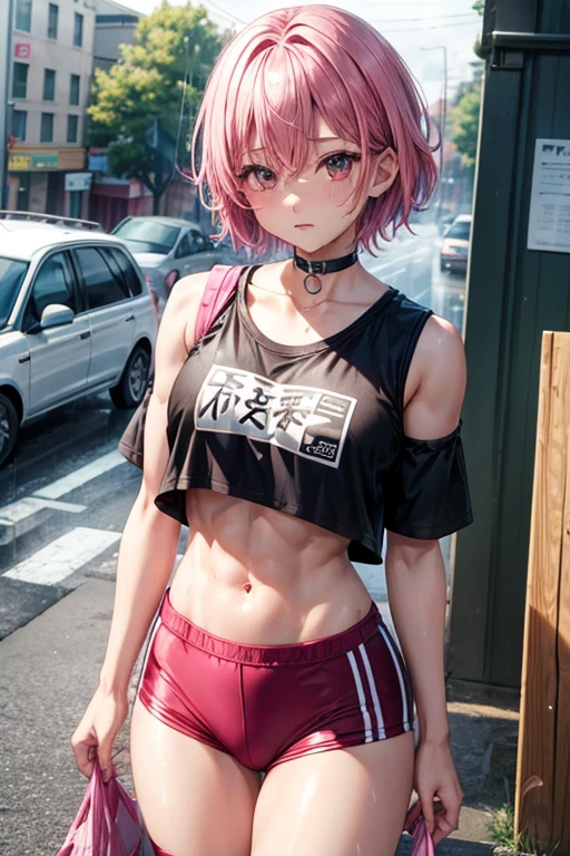 Rainy Town、Athlete girl、Pink Hair、short hair、Black choker、シースルー T-shirt、Wet Hair、Trained abdominal muscles