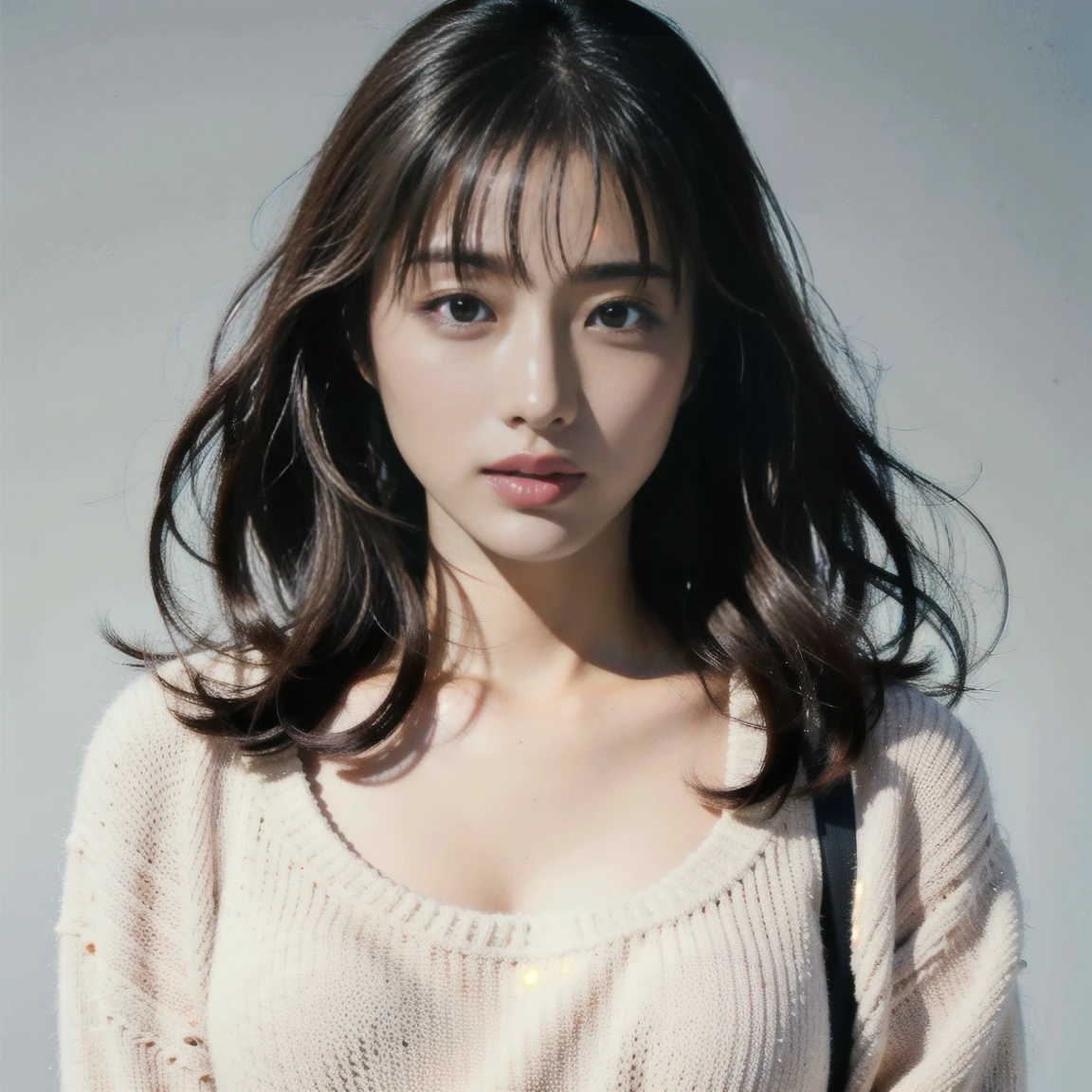 (Highest quality、8K、32k、masterpiece、Ultra-high resolution:1.2)、Cute Japanese Women Photos、Big ample breasts、Sundarium Hair、Upper body、Face Focus、(Extra Large_sweater、:1.1)necklace、Simple Background、Looking at the audience、Leaning forward、