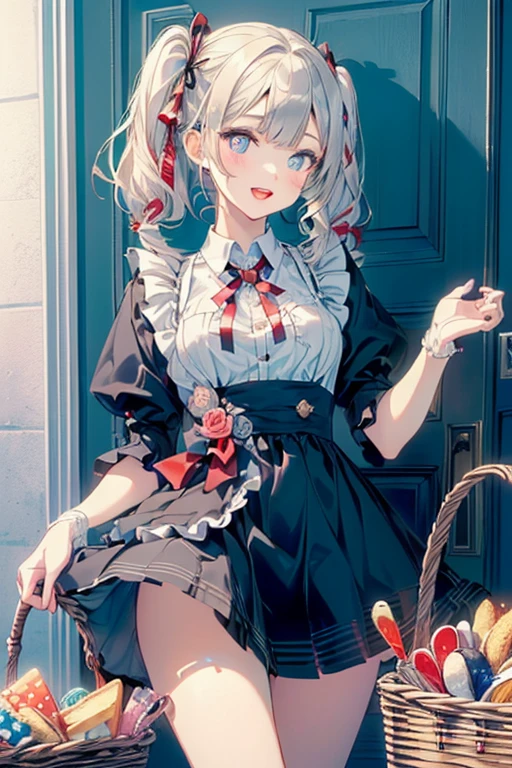 (perky chest:1.2), (pointed chest:1.2),(((Black Tunic:1.3))),(((cakes and bread in the basket),Cute and beautiful girl,Cute round face,Cute smile,with blush cheeks,Red Lip,a girl 22 years old, nsfw:1.2, beautiful body:1.3), shinny skin, BREAK, ((alice in the wonderland:1.3, cute, kawaii, lovely, funny, a girl falling down from sky:1.3, girl flying in sky:1.2, girl floating in air:1.3, rolling upskirt by wind:1.5, (with sparkling eyes and a contagious smile),open mouth, Looking at Viewer, surprised, putting hands on crotch over the skirts:1.35)), BREAK, ((floating things as follows:1.3, PlayingCards, Trump, tea cup, tea pot, tea spoons, pocket watch:1.3, lip sticks, candies:1.2, cookies, jam bottles, classical door_keys)), ((long purply_Blue dress :1.5, wearing long flaired skirt:1.3, the skirt is blowing:1.3, cute White Apron, black stockingedium long platinum-blonde hair:1.2, twin tail hair:1.6, tied hair with a large ribbon), (Blue eyes, bright pupils with highlights, detailed eyes), (lying down on your back:0.7, spreading legs with rising up straight:0.7), sexy posture, fantastic colorful art, (fantasy art:1.2, wondered images), ((correct anatomy:1.5, perfect anatomy:1.3, correct hand, small foot:1.2)),