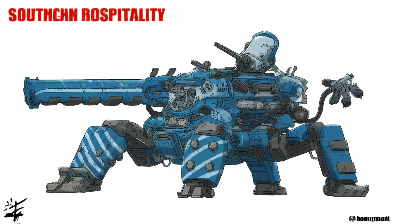 there is a blue and white robot with a gun on its back, mechanized art concept, in style of apex legends, mech, insanly detailed, mechanized police infantry, highly detailed exquisite fanart, heavily equipped, highly detailed concept art, highly detailed and colored, heavily armed, industrial humanity spaceship, medical mecha canine, mech concept art, highly detailed!!!!!!!,shingeki_no_kyojin_s4_style,