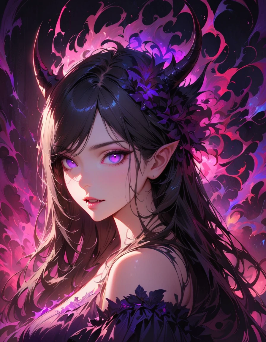 (Best quality,4K,A high resolution,masterpiece:1.2),ultra detailed,realistic,portrait,Beautiful girl,Demon Form,mesmerizing eyes,long black hair,fine features,elegant pose,flowy dress,unearthly beauty,dark aura,Thin horns,sharp fangs,mysterious atmosphere,soft lighting,bright colors