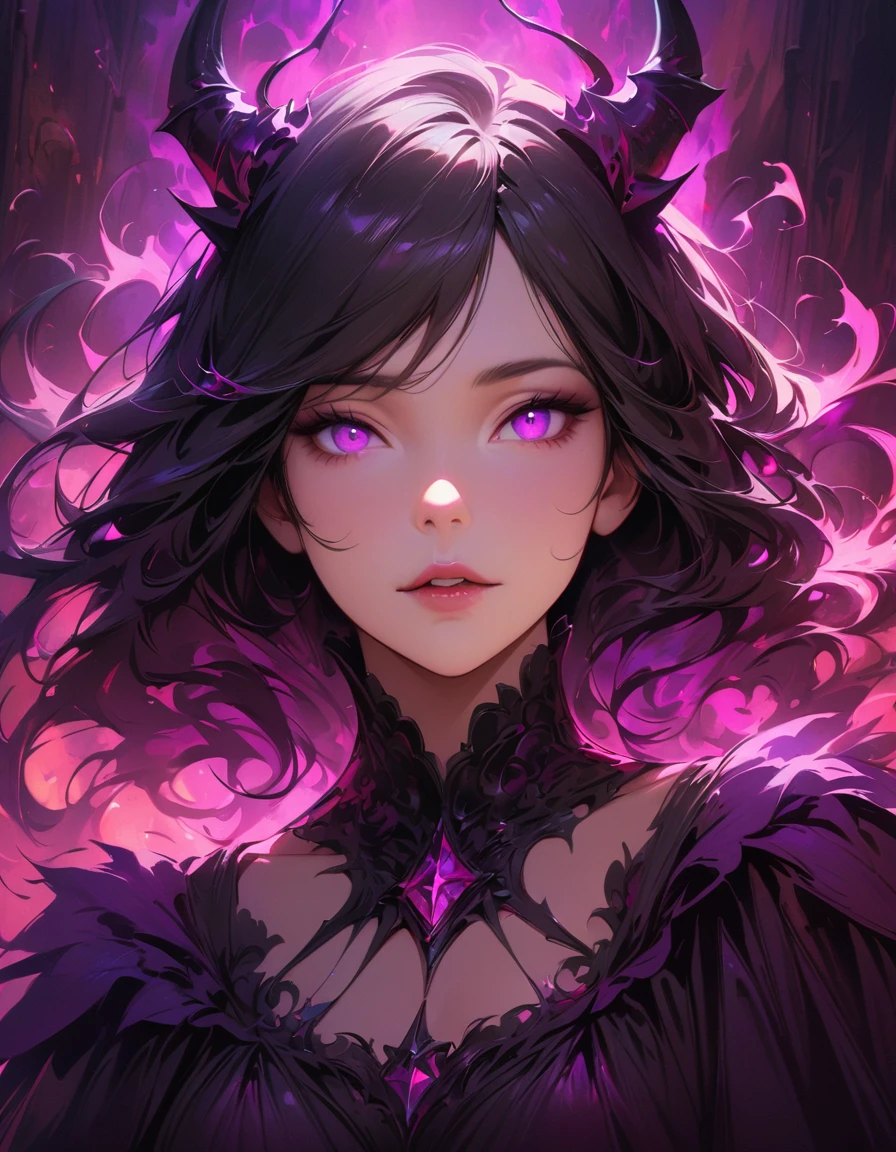 (Best quality,4K,A high resolution,masterpiece:1.2),ultra detailed,realistic,portrait,Beautiful girl,Demon Form,mesmerizing eyes,long black hair,fine features,elegant pose,flowy dress,unearthly beauty,dark aura,Thin horns,sharp fangs,mysterious atmosphere,soft lighting,bright colors