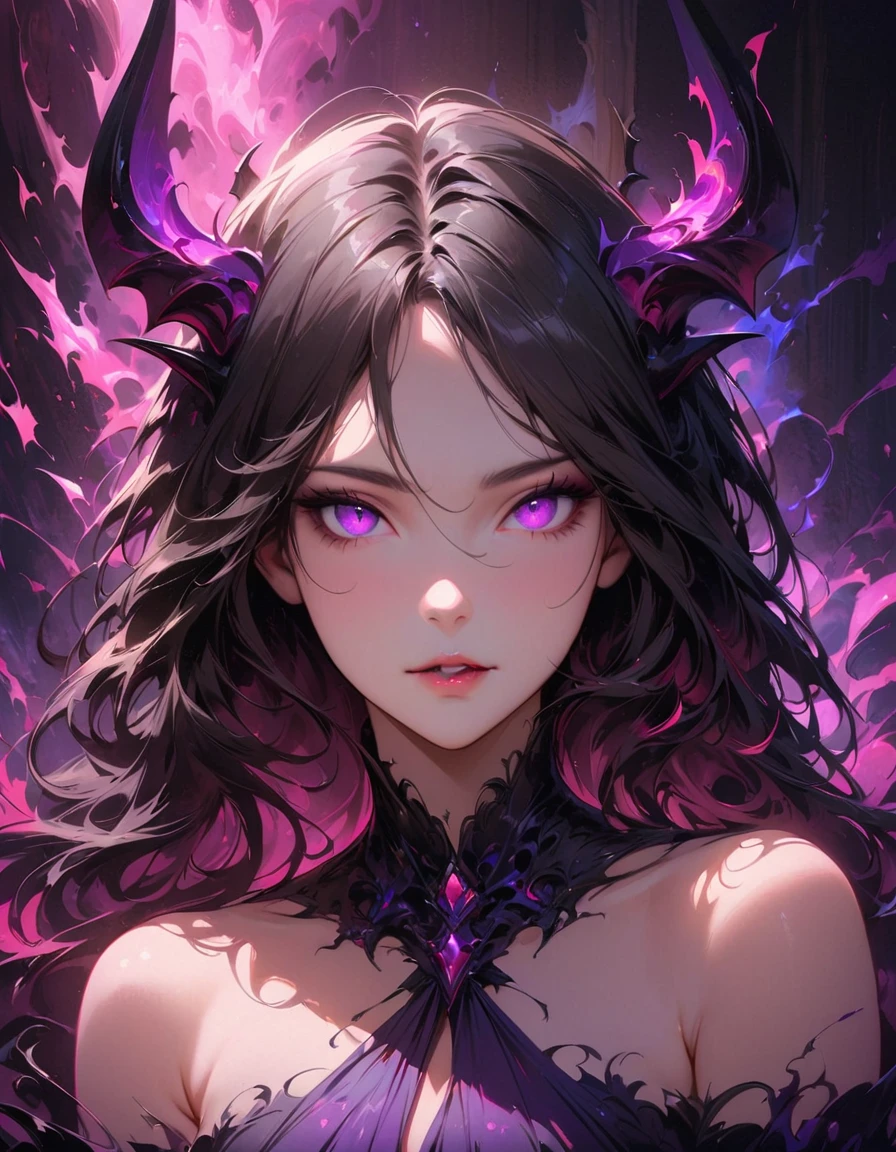 (Best quality,4K,A high resolution,masterpiece:1.2),ultra detailed,realistic,portrait,Beautiful girl,Demon Form,mesmerizing eyes,long black hair,fine features,elegant pose,flowy dress,unearthly beauty,dark aura,Thin horns,sharp fangs,mysterious atmosphere,soft lighting,bright colors