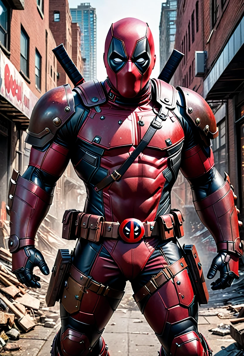 A photo realistic image of the Juggernaut of marvel comics wearing hybrid armor that has Deadpool markings, 16K, epic detail, epic composition, ruined city of cyttorak setting