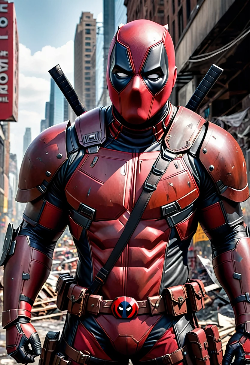 A photo realistic image of the Juggernaut of marvel comics wearing hybrid armor that has Deadpool markings, 16K, epic detail, epic composition, ruined city of cyttorak setting