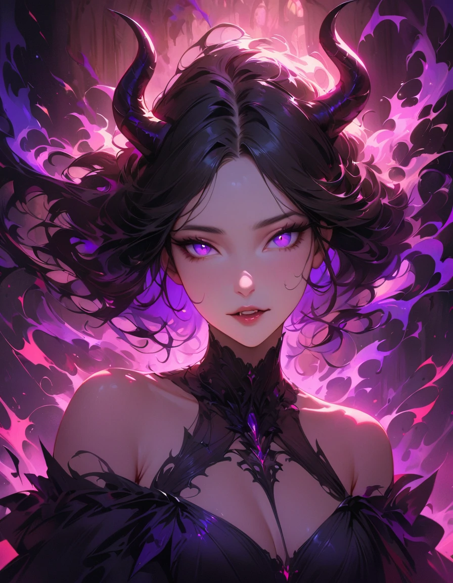 (Best quality,4K,A high resolution,masterpiece:1.2),ultra detailed,realistic,portrait,Beautiful girl,Demon Form,mesmerizing eyes,long black hair,fine features,elegant pose,flowy dress,unearthly beauty,dark aura,Thin horns,sharp fangs,mysterious atmosphere,soft lighting,bright colors