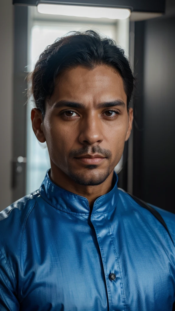 Jesus Jhonatan Roumie, masculine, face detailed, ultra 4k, blue tunic, close no rosto, thrilled[