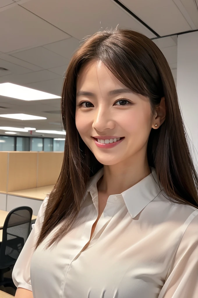 ((Highest quality)), ((masterpiece)), (detailed),Perfect Face,Japanese,Fair skin,Upper Body,Long Hair,Office Lady,Women's Ana Style,smile,blouse,Mature Woman