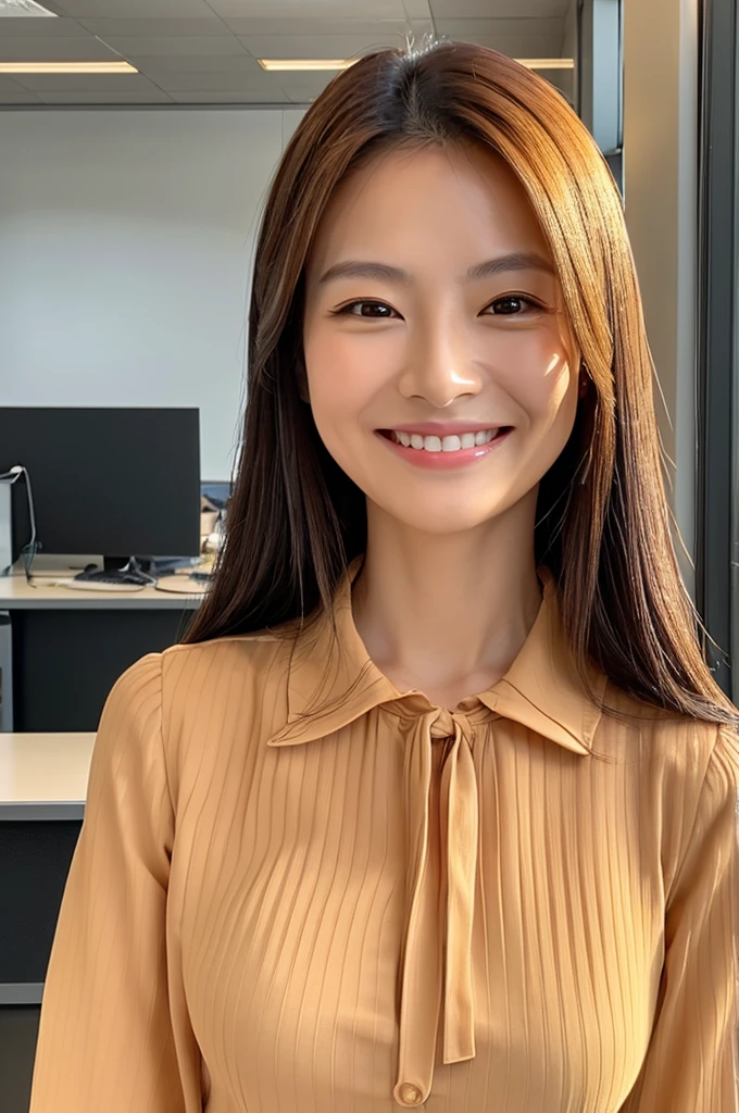 ((Highest quality)), ((masterpiece)), (detailed),Perfect Face,Japanese,Fair skin,Upper Body,Long Hair,Office Lady,Women's Ana Style,smile,blouse,Mature Woman