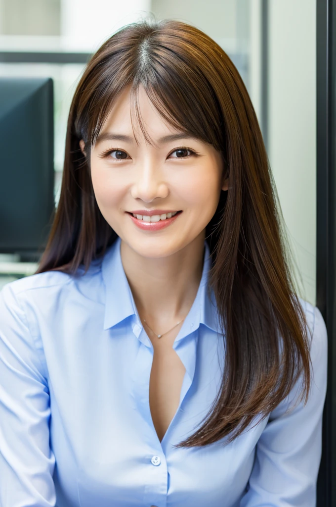 ((Highest quality)), ((masterpiece)), (detailed),Perfect Face,Japanese,Fair skin,Upper Body,Long Hair,Office Lady,Women's Ana Style,smile,blouse, Woman