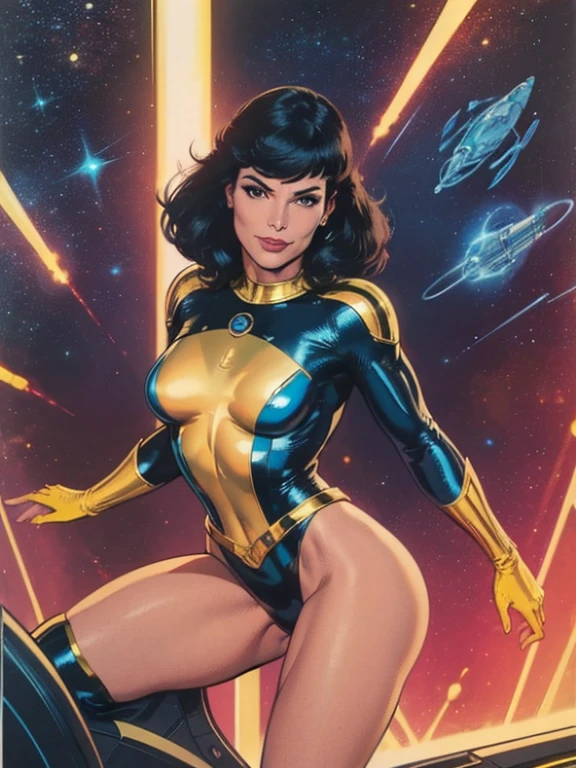 Best Quality acrylic paint art, Beautiful Vintage Space Woman, straight black Hair, bangs, Looking at Viewer, SHY SMILE,  Ultra shiny perspex cramped leotard, adjusting high-tech gloves, tech belt, thighs and knee, spaceship battle scenery, golden lights