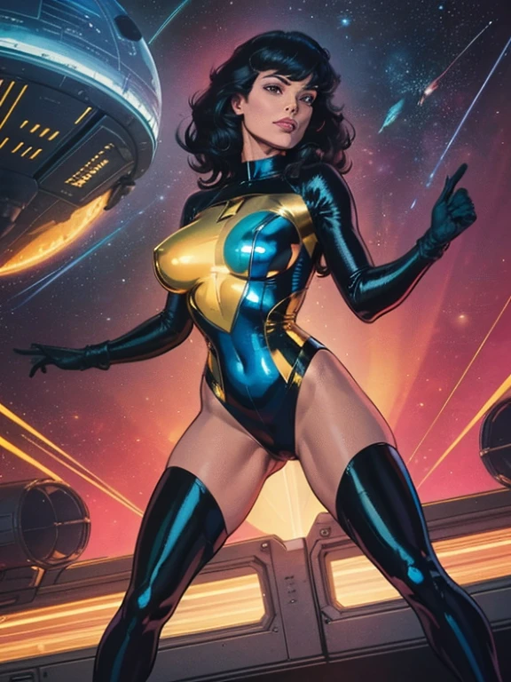 Best Quality acrylic paint art, Beautiful Vintage Space Woman, straight black Hair, bangs, Looking at Viewer, SHY SMILE,  Ultra shiny perspex cramped leotard, adjusting high-tech gloves, tech belt, thighs and knee, spaceship battle scenery, golden lights
