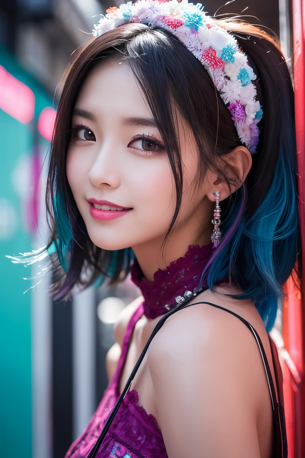 high quality, High resolution, masterpiece, completion, detailed.impressive, Cutting-edge female photography portraits, Showcasing a bold and daring street-art style. Facing forward、smile、cyan, and purple, Her vibrant makeup really catches the eye., Her colorful hair is tied up high, Blue and pink hues in harmony. 背景には蛍光クロムイエローand purpleの魅惑的なグラデーションが施されています, Blends seamlessly with the dynamic colors of your subject、This powerful combination of hyper-detailed realism and artistic expression creates a vivid,