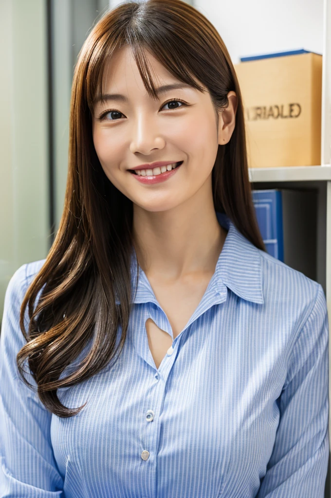 ((Highest quality)), ((masterpiece)), (detailed),Perfect Face,Japanese,Fair skin,Upper Body,Long Hair,Office Lady,Women's Ana Style,smile,blouse,Mature Woman