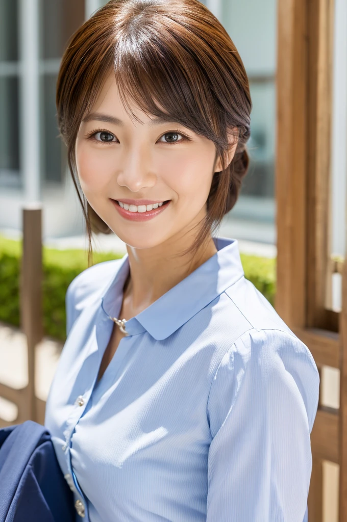 ((Highest quality)), ((masterpiece)), (detailed),Perfect Face,Japanese,Fair skin,Upper Body,Long Hair,Office Lady,Women's Ana Style,smile,blouse,Mature Woman
