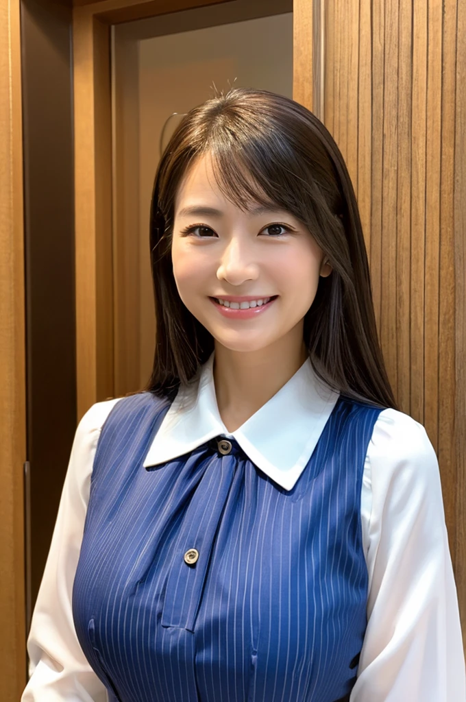 ((Highest quality)), ((masterpiece)), (detailed),Perfect Face,Japanese,Fair skin,Upper Body,Long Hair,Office Lady,Women's Ana Style,smile,blouse,Mature Woman