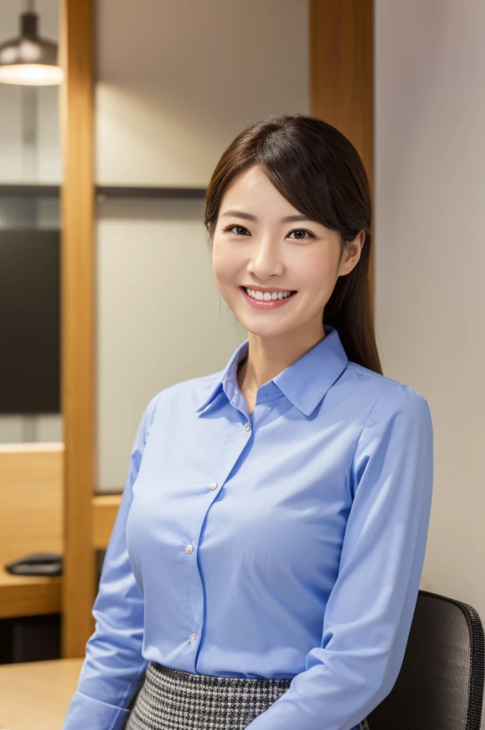 ((Highest quality)), ((masterpiece)), (detailed),Perfect Face,Japanese,Fair skin,Upper Body,Long Hair,Office Lady,Women's Ana Style,smile,blouse,Mature Woman