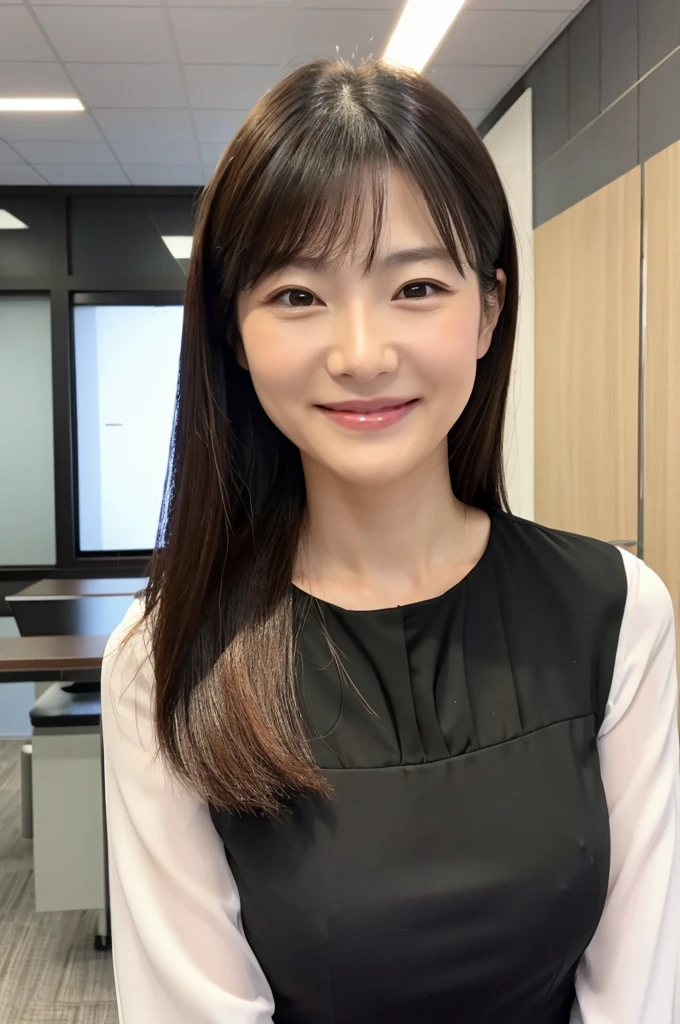((Highest quality)), ((masterpiece)), (detailed),Perfect Face,Japanese,Fair skin,Upper Body,Long Hair,Office Lady,Women's Ana Style,smile,blouse,Mature Woman