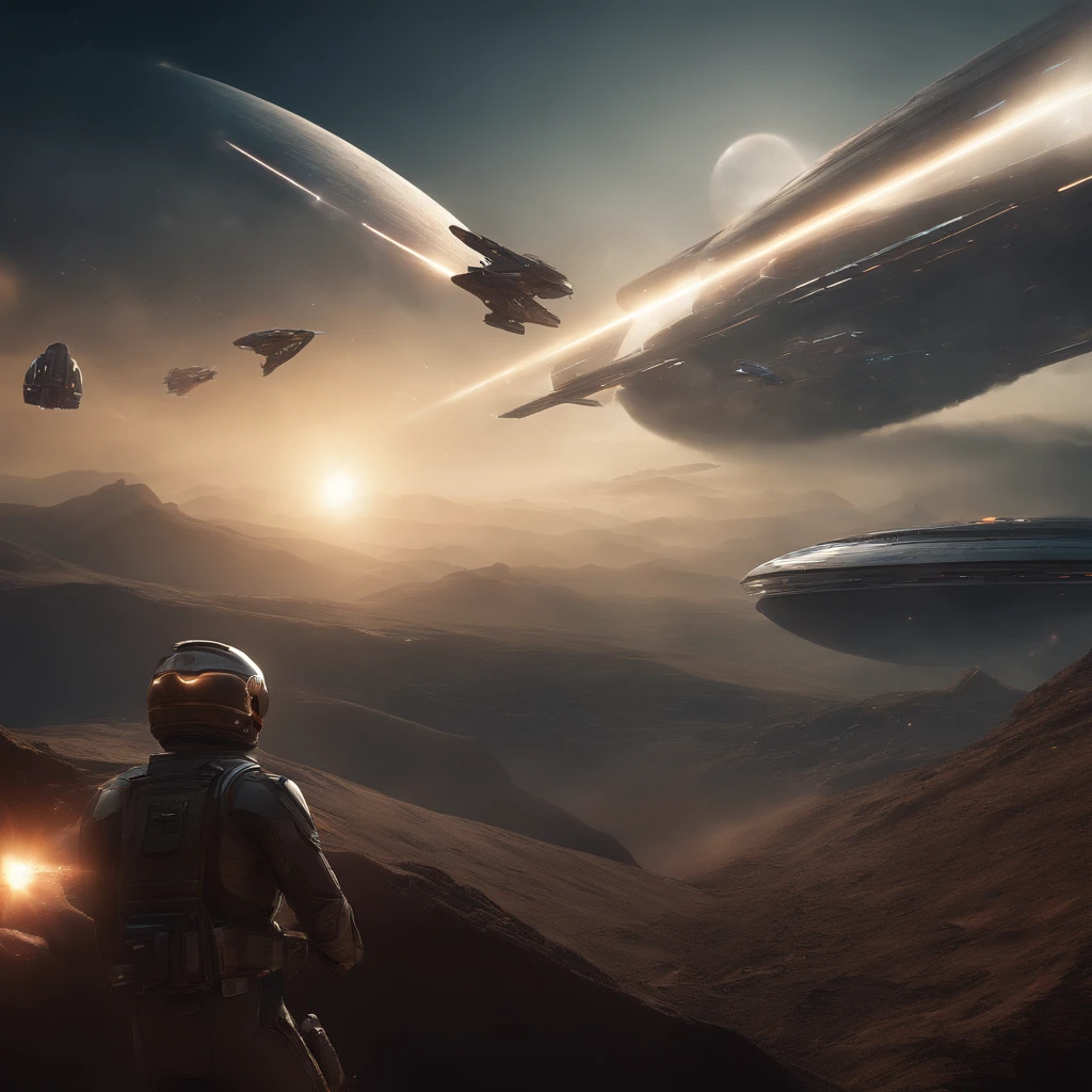"Witness the epic clash of advanced technology and otherworldly landscapes in this futuristic battle scene. Spaceships soar through the sky, leaving trails of light in their wake as they engage in a fierce fight for dominance. The planets in the backdrop add an extra layer of depth and mystery to this visually stunning image."