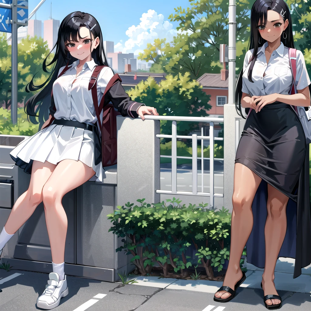 ((best quality)), ((masterpiece)), (details), one girl, sexy ((best quality)), ((masterpiece)), (details), one girl, sexy ((best quality)), ((masterpiece)), (details), one girl, full body, sexy expensive body, expensive, long legs, mature woman,Taller than any building, 100 meters tall mature, adult, it_nagatoro_main, Nagatoro Hayase, one girl, blushing, alone, uniform polo shirt, black hair, bag, brown eyes, hair accessory, looking at viewer, hair clip, outdoors, backpack, smiling, long hair, dark skinned woman, dark skin, , bangs, daytime, skirt, collared shirt, collarbone, ear clip, mouth closed, tree, asymmetrical bangs, upper body