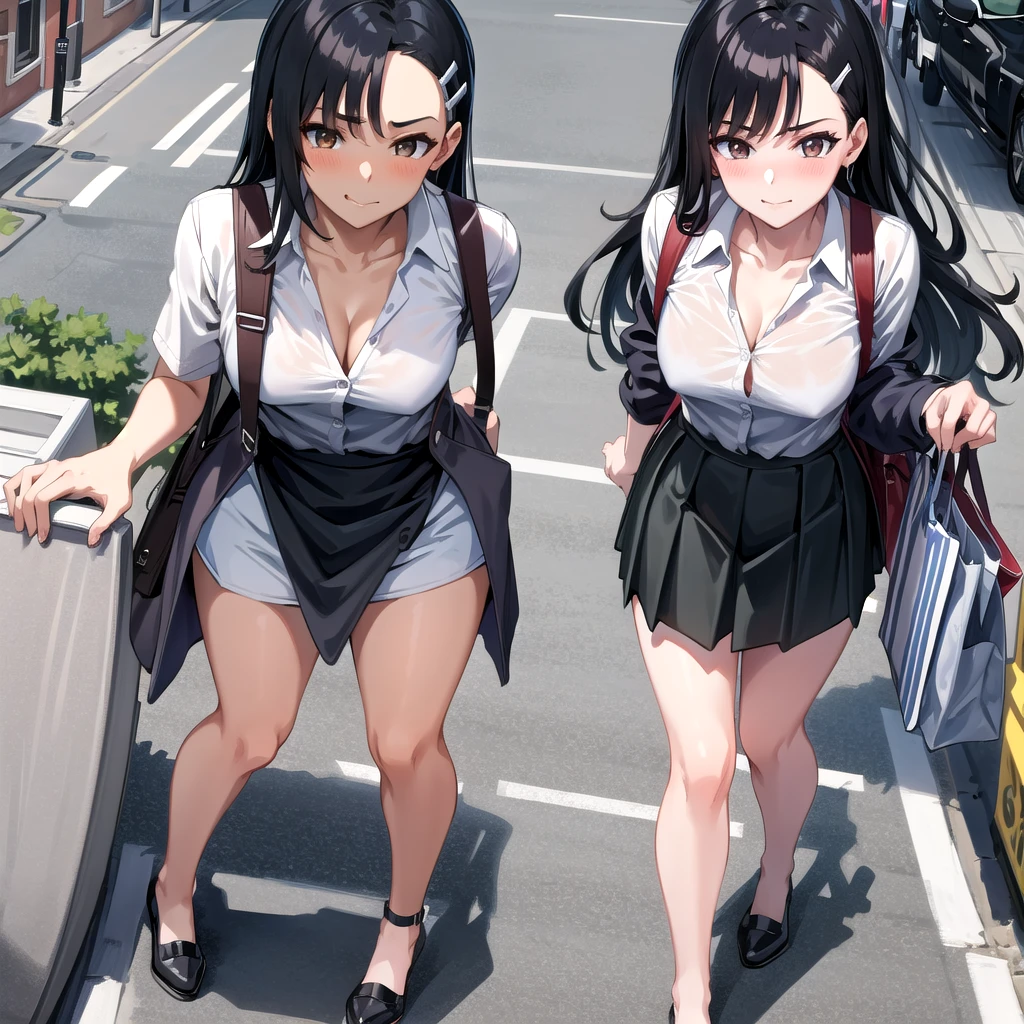 ((best quality)), ((masterpiece)), (details), one girl, sexy ((best quality)), ((masterpiece)), (details), one girl, sexy ((best quality)), ((masterpiece)), (details), one girl, full body, sexy expensive body, expensive, long legs, mature woman,Taller than any building, 100 meters tall mature, adult, it_nagatoro_main, Nagatoro Hayase, one girl, blushing, alone, uniform polo shirt, black hair, bag, brown eyes, hair accessory, looking at viewer, hair clip, outdoors, backpack, smiling, long hair, dark skinned woman, dark skin, , bangs, daytime, skirt, collared shirt, collarbone, ear clip, mouth closed, tree, asymmetrical bangs, upper body