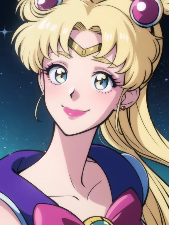 tsukino usagi, close up, sailor moon, 1girl, solo, long hair , as harley quinn, makeup, affected smile,
