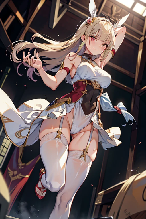 ((18yo)), (chubbily:1.2), light brown hair, standing one leg, rise another leg, rounded face, hide arms, shirtless, (thigh:1.2), no bra, on the stage, (look at viewer:1), upper body, (smile:1.2), (micro mini panties:1.3), (from below:1.4), (white panties:1.3), (raise one leg 180 degrees:1.3), (standing on another leg:1.3),All breasts out ,No Cloth ,No underwear ,Very Tall ,Oily skin ,Huge erect breasts ,Raised crotch ,Huge breasts ,Red lips ,Tsurime ,Bangs ,Hairs between eyes ,Asymmetrical bangs ,Long bangs ,Voluptuous beauty milf ,Gallant eyebrows ,Attractive mature ,Pointy Nips ,Giant nips ,Pointy breasts ,The woman is 34 yo ,Skin dripping with sweat ,Giant breastsBreath steam ,Heavily oiled ,Oily gleaming skin,Gleaming skin ,abs ,Skinny ,Tall head ,Blonde hair, Red eyes ,Red Choker ,High heels ,Pin heels ,Long hair ,Big tits ,Very large tits ,Almond eyes ,Small head ,Wide eyes ,Narrow horizontal eyes ,Smaller iris ,Dark pink hairline ,Pink at the tips of hair ,Lofty (high) nose ,Muscular arms ,Slender arms ,Long arm ,Very long legs ,Muscular legs ,Very thin waist ,Long torso ,Plump thighs (Like those of a Japanese woman) ,Bewitching look ,Broad shoulders ,Height: 187 cm ,Hips are 147cm ,Bust is 147 cm ,10 head fashion figure ,Bunny suit ,Shiny stockings ,Armpit showing ,Sweating ,Sweat splattered all over the place ,Garter belt ,High-leg shirt ,Wedgie ,Cool expression ,Thin ankle ,Slender and smartly shaped woman ,Muscular shins ,Japanese sword ,Drawing a Japanese sword ,Tight-fitting suit ,Bushy eyelashes ,Eyeshadow ,Clavicle ,Sternocleidomastoid muscle, on the beach
